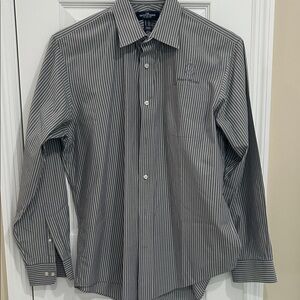 Lands' End Gray and White Striped Dress Shirt